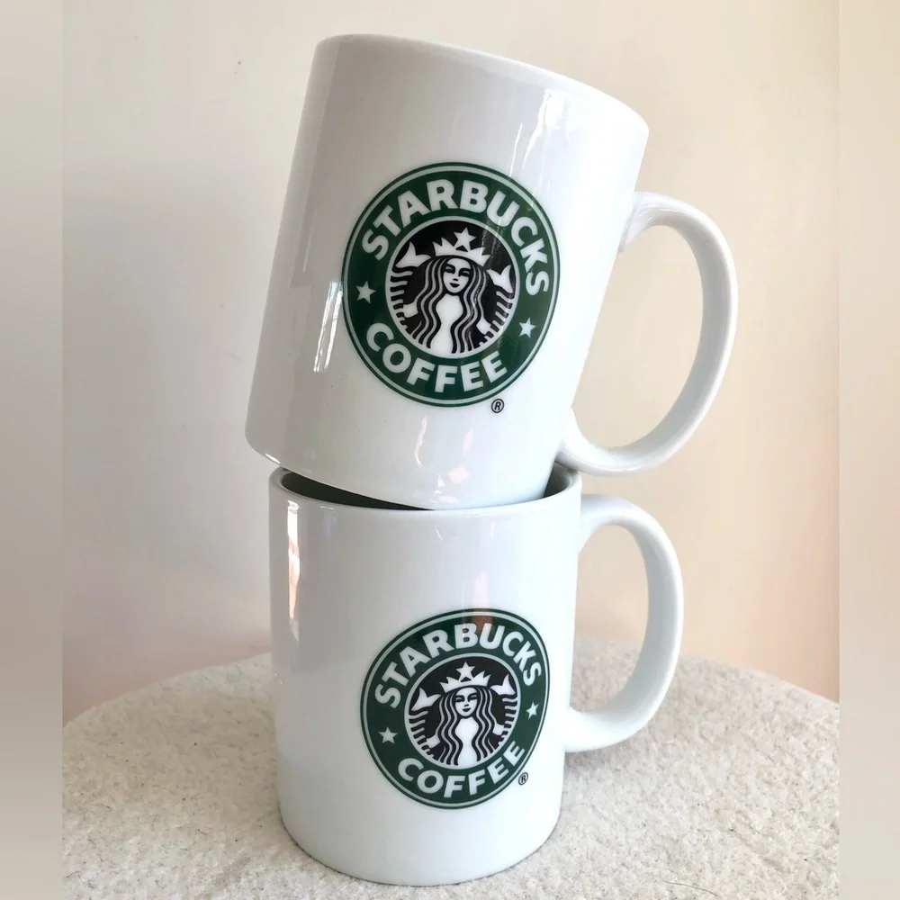 Starbucks Coffee White with Green Logo Mugs 2006 Edition Set of 2 a pair of mugs